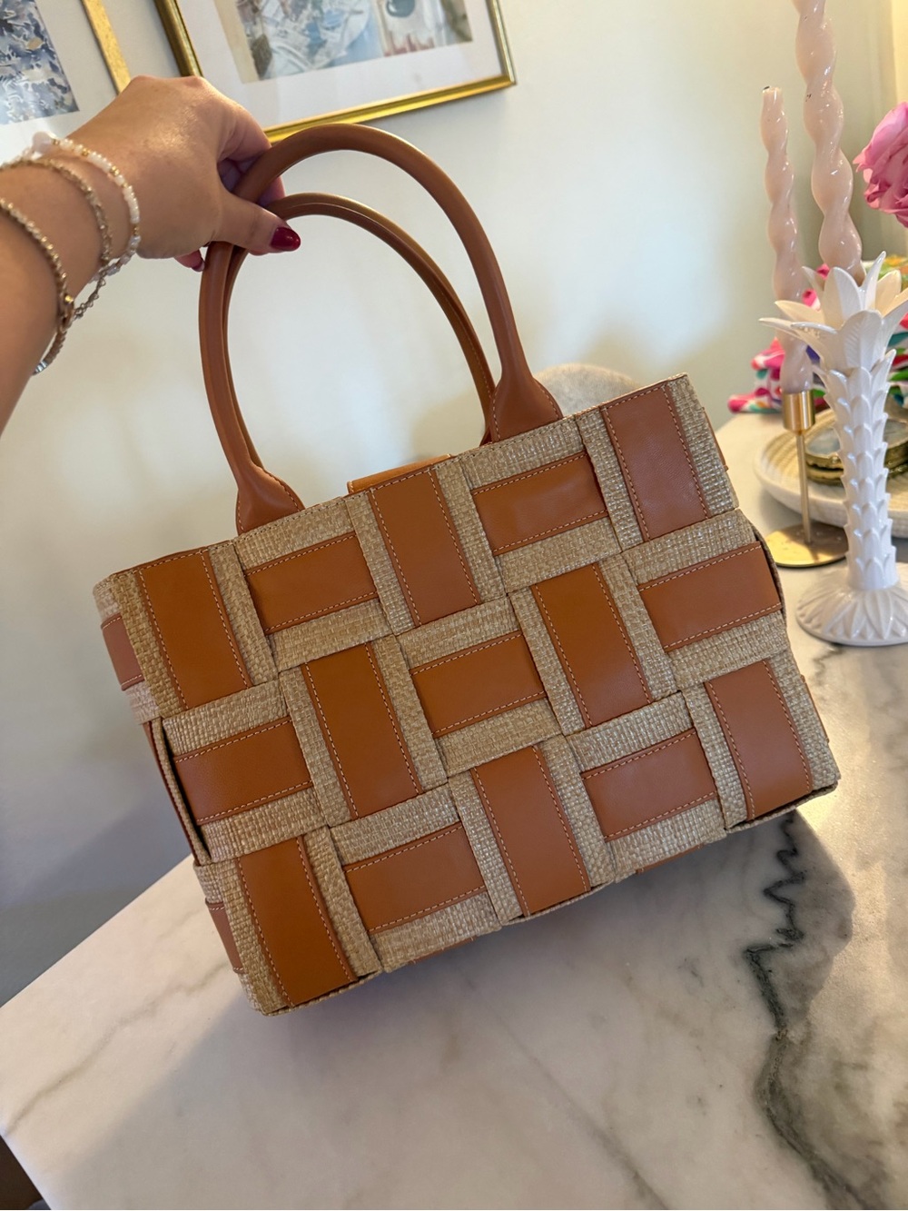 Woven Leather-Trim Tote Bag in Tan